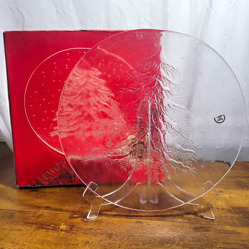 Crystal Serving Platter 12 3/4 in Clear Round Textured Tree made in Italy